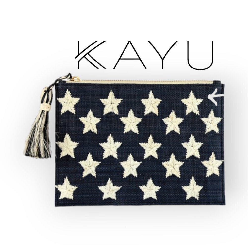 Kayu Raffia Star Embroidered Clutch Handmade Woven Straw Boho Zip Pouch Bag